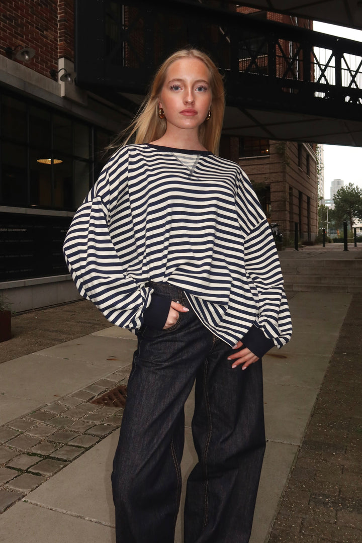 Lore t-shirt long sleeve striped - navy/wit