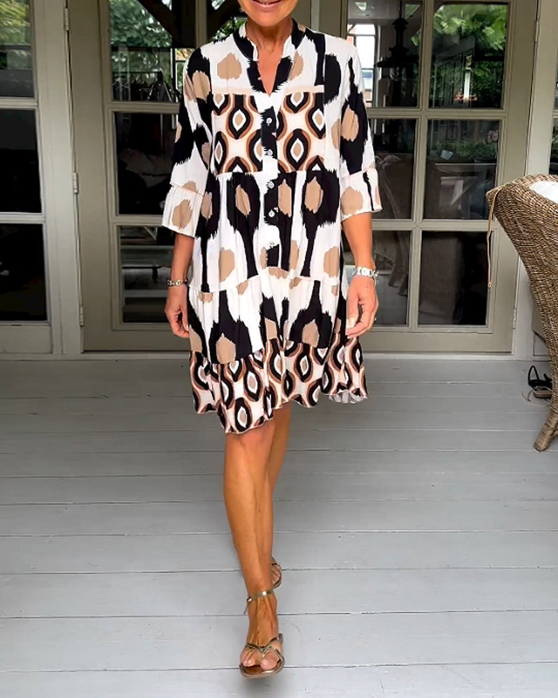 FLORA | Geprinte Jurk met 3/4 Mouwen en A-Lijn Snit voor een Elegante en Ontspannen Look