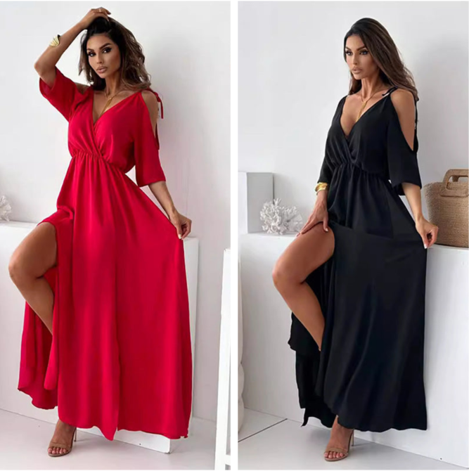 MEREL | Elegante Jurk met Zijsplit en V-hals voor een Flatterende en Vrouwelijke Stijl