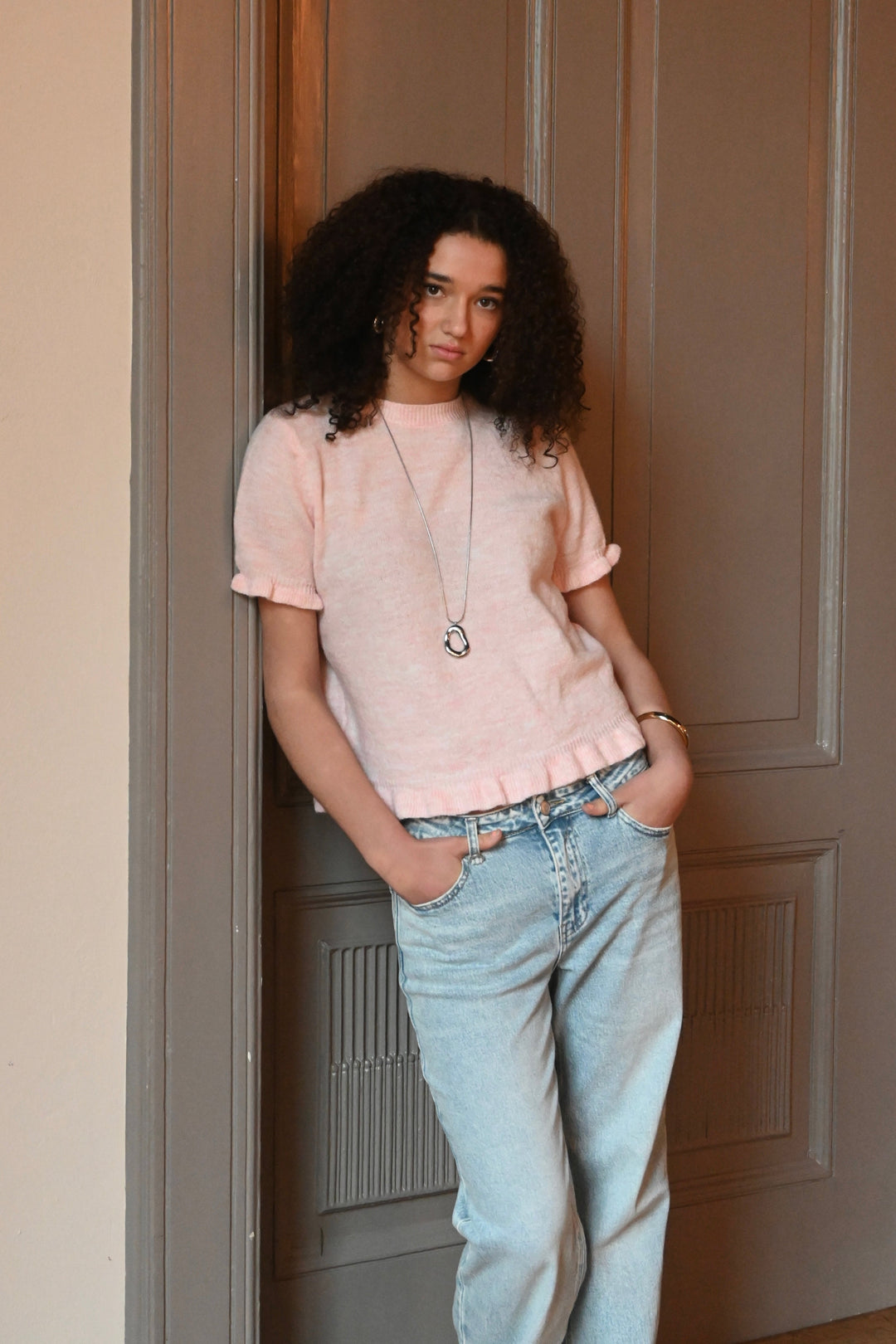 Ruffle knit top - roze