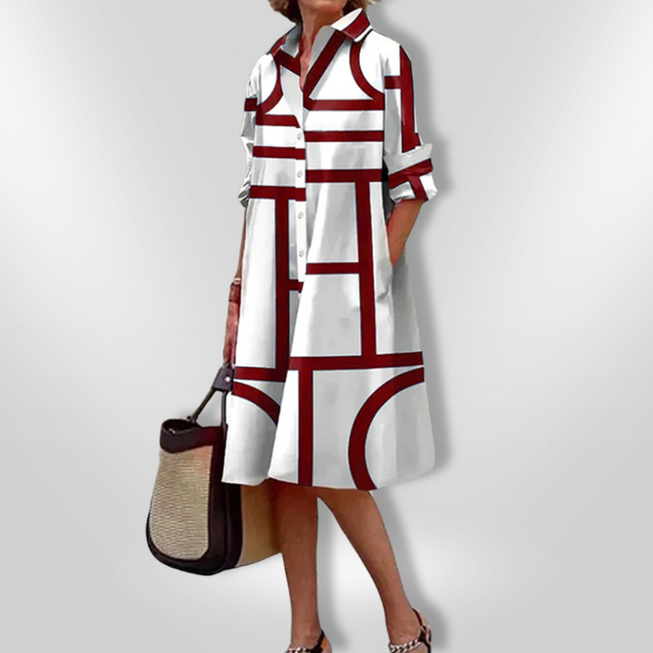 HANNE | Midi Hemdress met Flatterende Snit en Moderne Geometrische Print