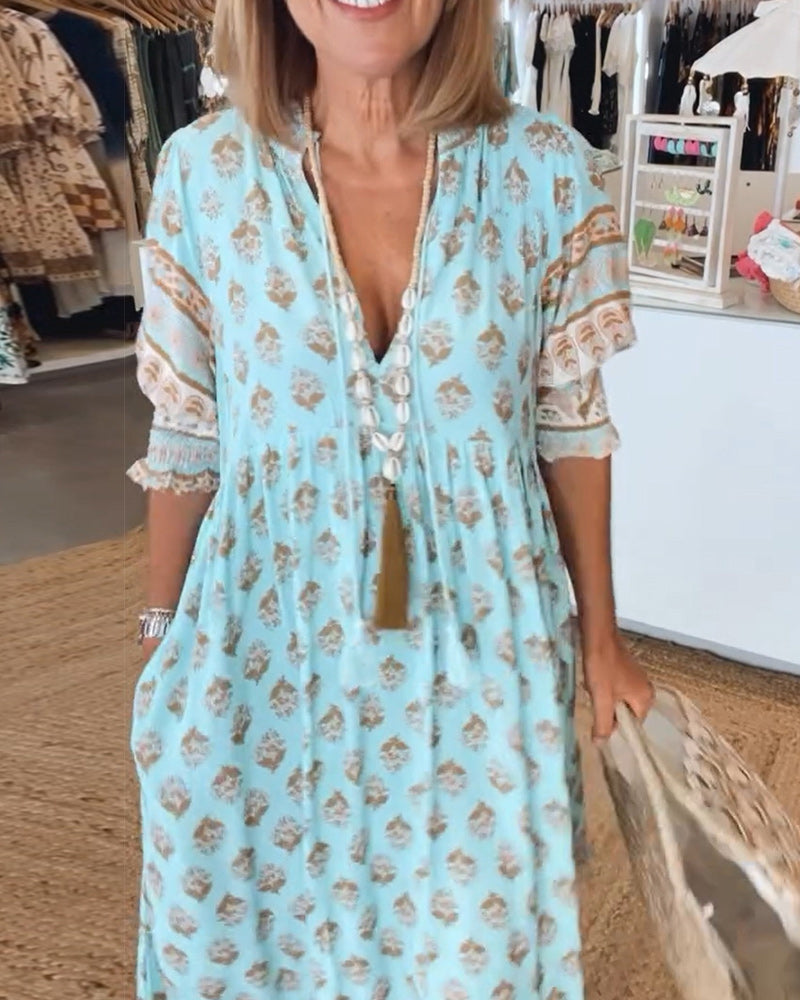 MAYA | Midi Jurk met V-hals en Elegante Ballonmouwen
