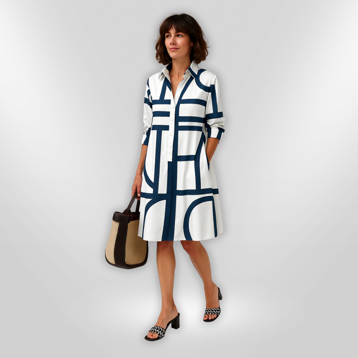 HANNE | Midi Hemdress met Flatterende Snit en Moderne Geometrische Print