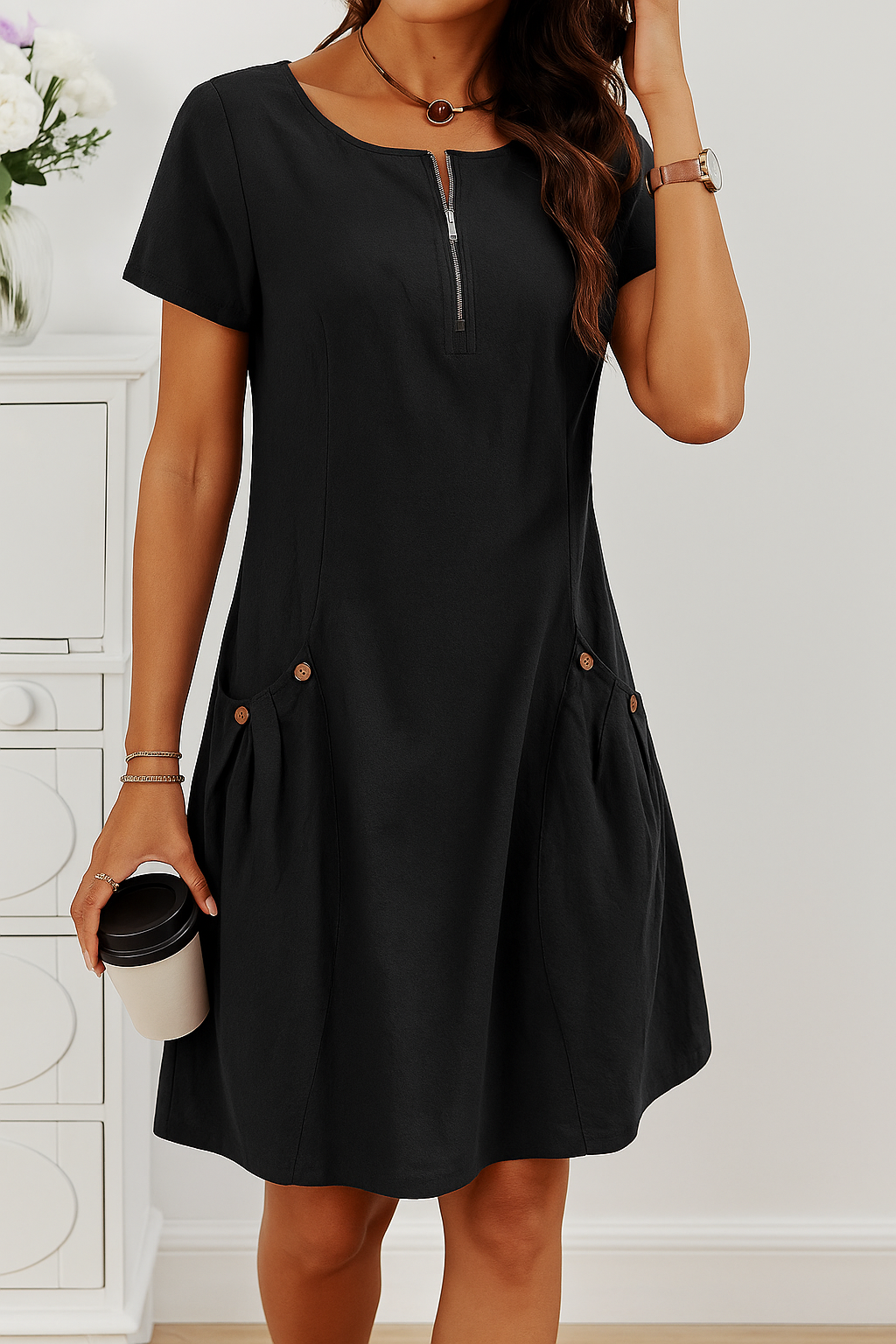 CLARA | Zomerjurk met Elegante Rits, Praktische Zakken en Dagelijks Comfort