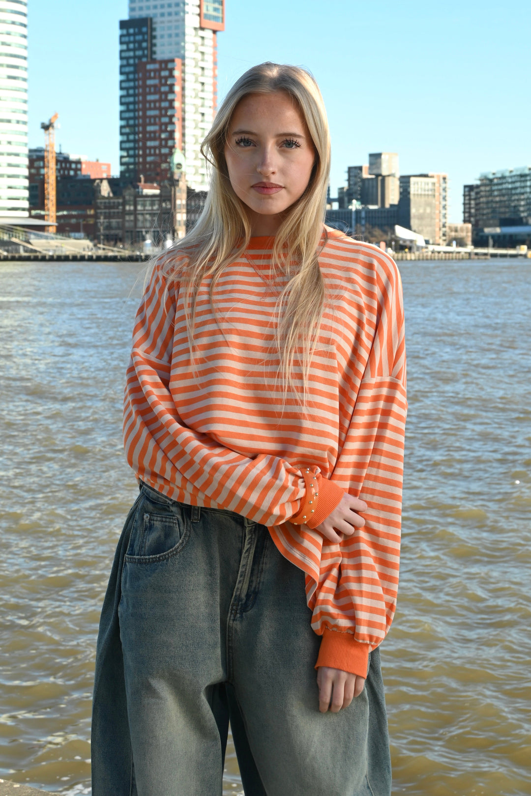 Lore t-shirt long sleeve striped - oranje