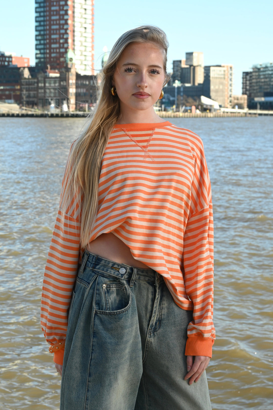 Lore t-shirt long sleeve striped - oranje