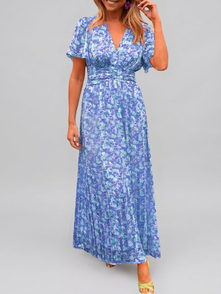 Maxi Zomerjurk met Bloemenprint en Korte Wijde Mouwen