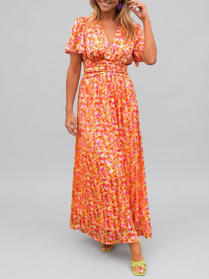 Maxi Zomerjurk met Bloemenprint en Korte Wijde Mouwen