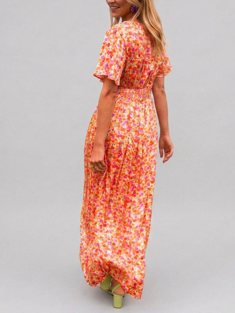Maxi Zomerjurk met Bloemenprint en Korte Wijde Mouwen