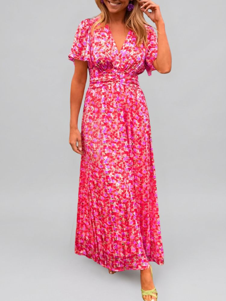 Maxi Zomerjurk met Bloemenprint en Korte Wijde Mouwen