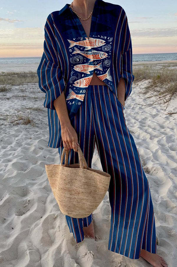 ZAIRA™ | Linnen set met blauwe Koi-print