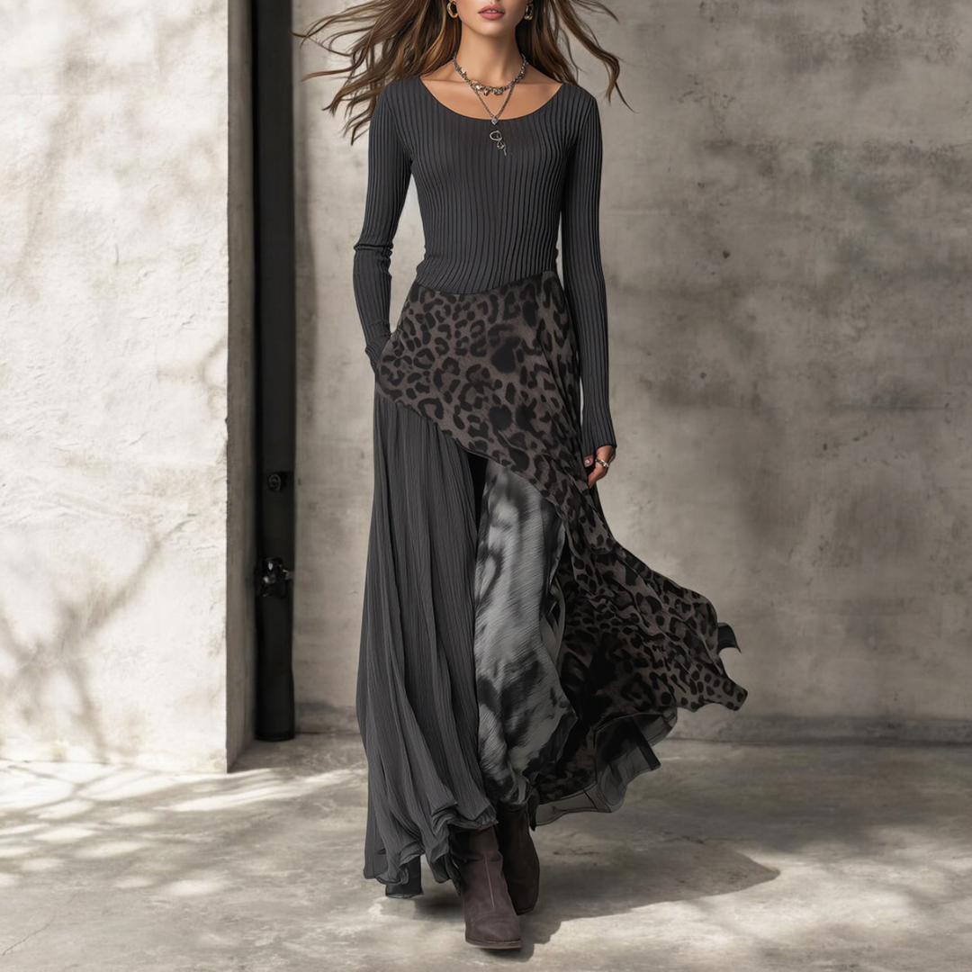 KINA™ | Lange Jurk met Elegante Luipaardprint en Flatterende Vloeiing