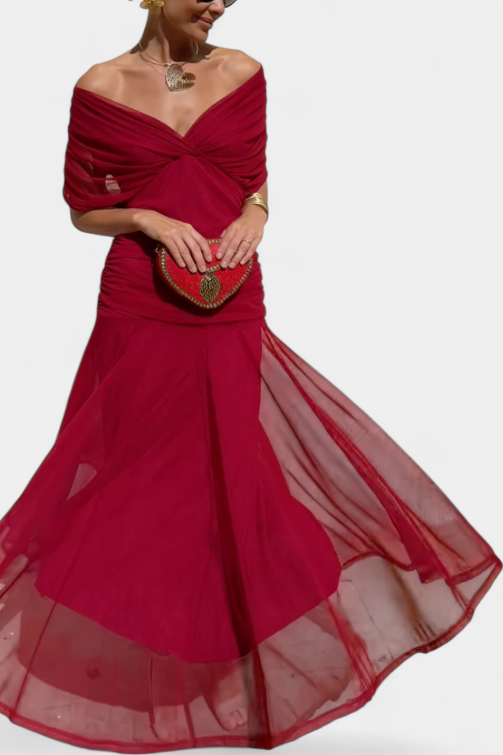 NAÍMA™ | Lange Elegante Jurk met V-Hals en Vloeiende Silhouet