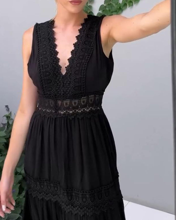 LISA | Mouwloze Midi Jurk met V-hals en Delicate Kantdetails