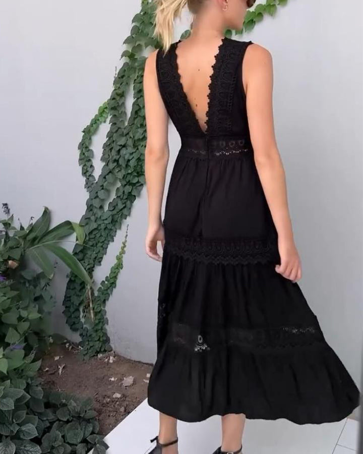 LISA | Mouwloze Midi Jurk met V-hals en Delicate Kantdetails