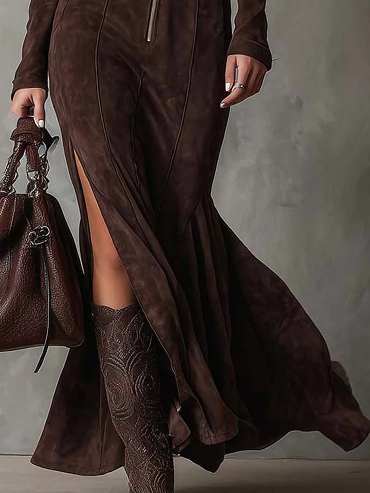 VIRELLA | Lange bruine jurk met riem