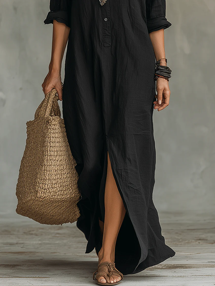 Soline™ | Oversized Zwarte Maxi Jurk met Knopen