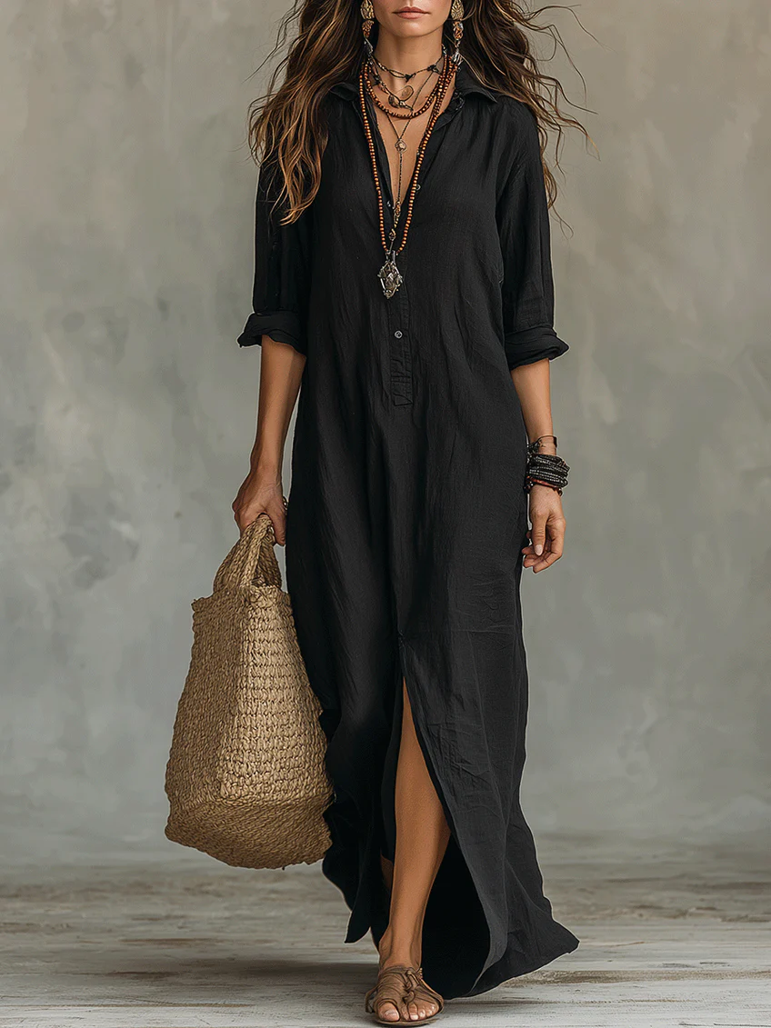 Soline™ | Oversized Zwarte Maxi Jurk met Knopen