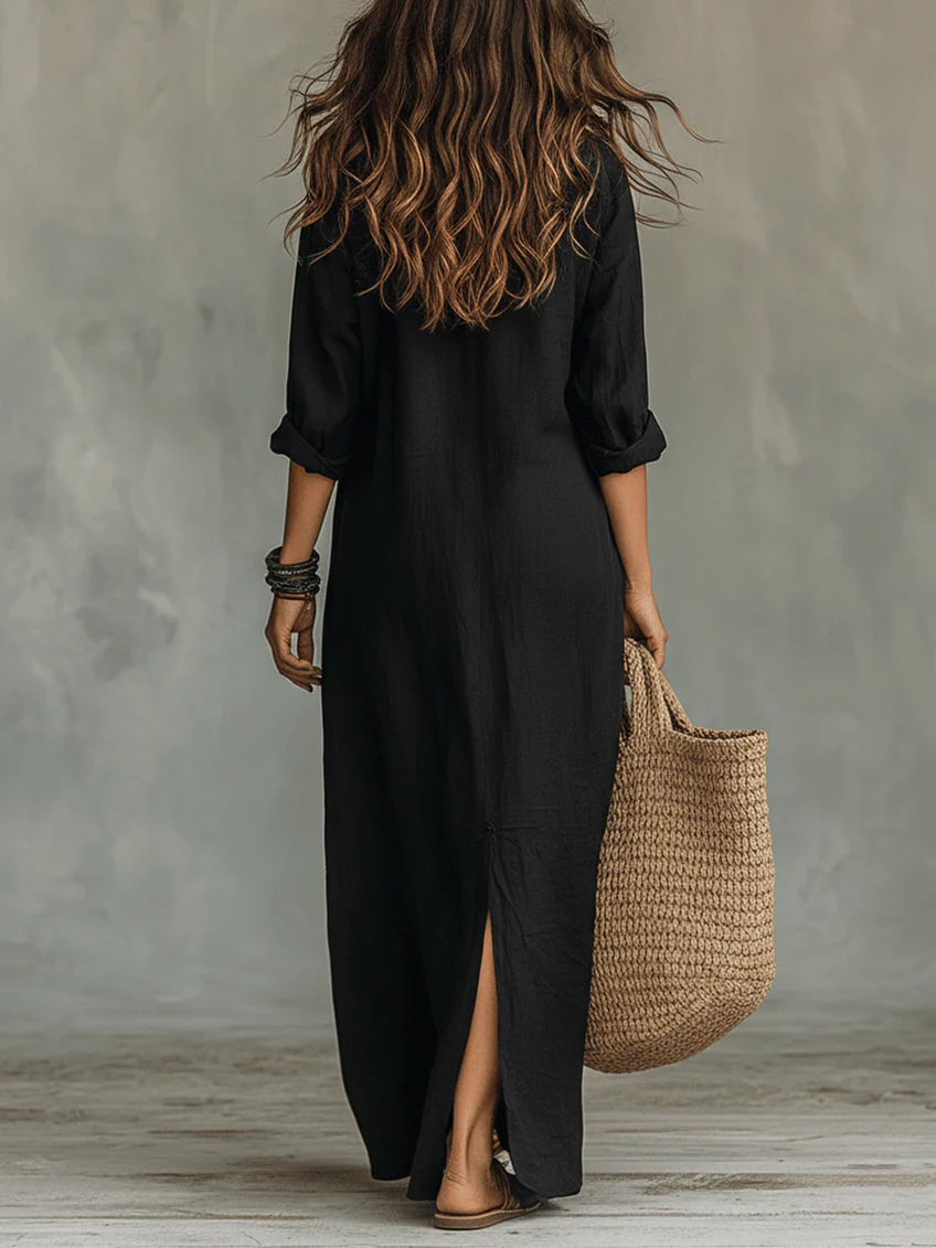 Soline™ | Oversized Zwarte Maxi Jurk met Knopen