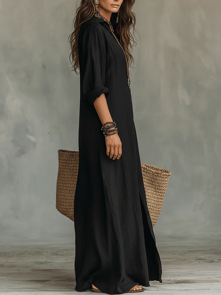 Soline™ | Oversized Zwarte Maxi Jurk met Knopen