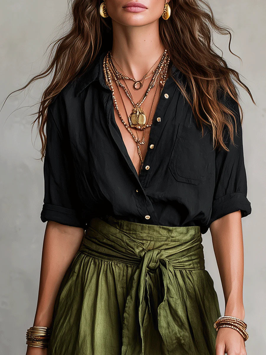 Vera™ | Twee-delige Set: Zwarte Top en Olijfgroene Midi Rok