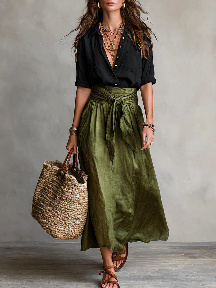 Vera™ | Twee-delige Set: Zwarte Top en Olijfgroene Midi Rok