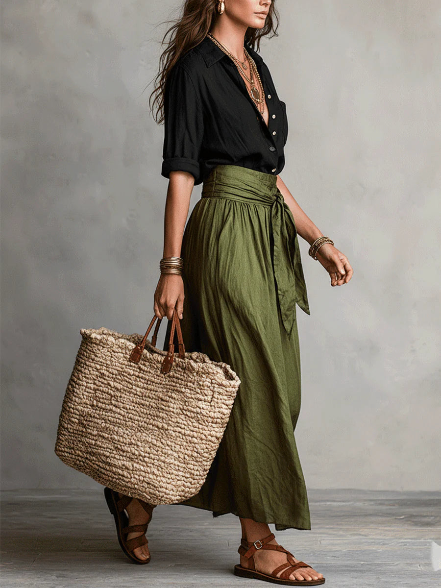 Vera™ | Twee-delige Set: Zwarte Top en Olijfgroene Midi Rok
