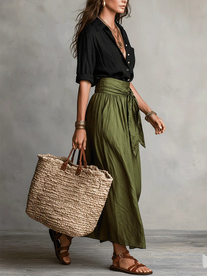 Vera™ | Twee-delige Set: Zwarte Top en Olijfgroene Midi Rok