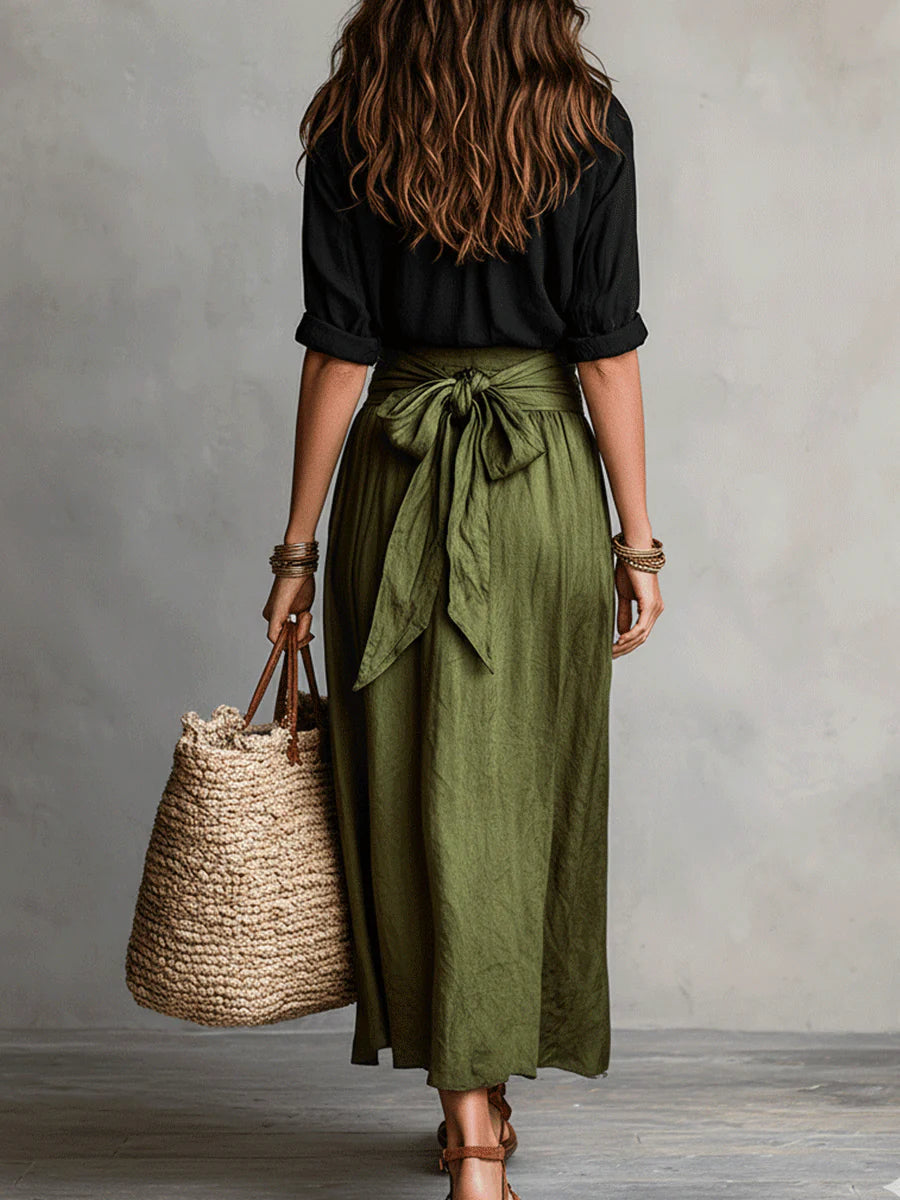 Vera™ | Twee-delige Set: Zwarte Top en Olijfgroene Midi Rok