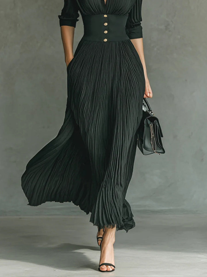 MIA | Lange geplooide jurk met revers en hoge taille