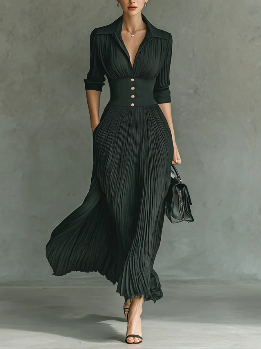 MIA | Lange geplooide jurk met revers en hoge taille