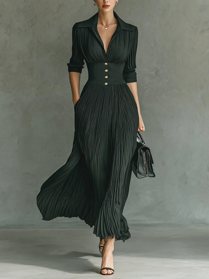 MIA | Lange geplooide jurk met revers en hoge taille