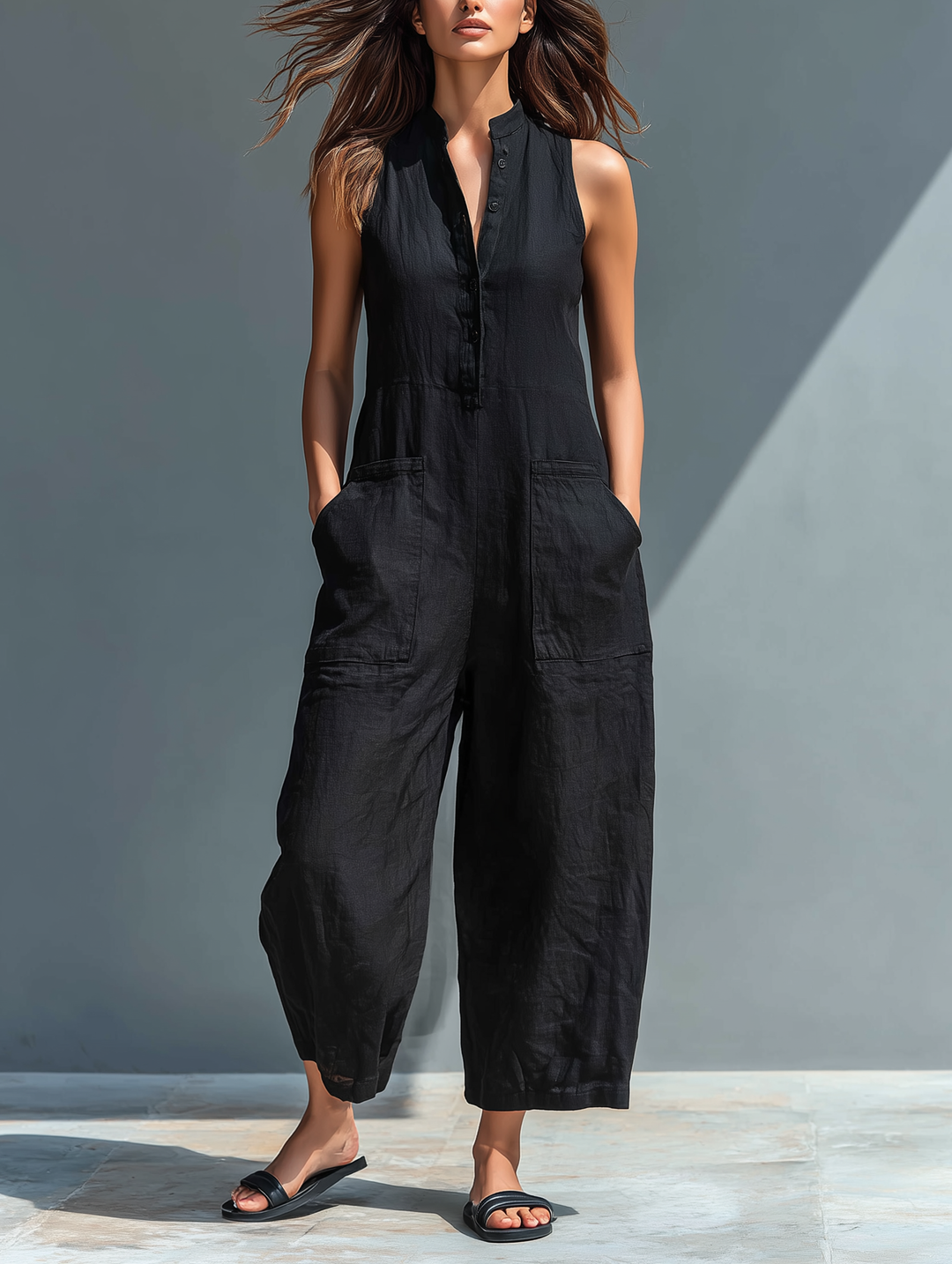 Nova™ | Mouwloze Linnen Jumpsuit met Knopen