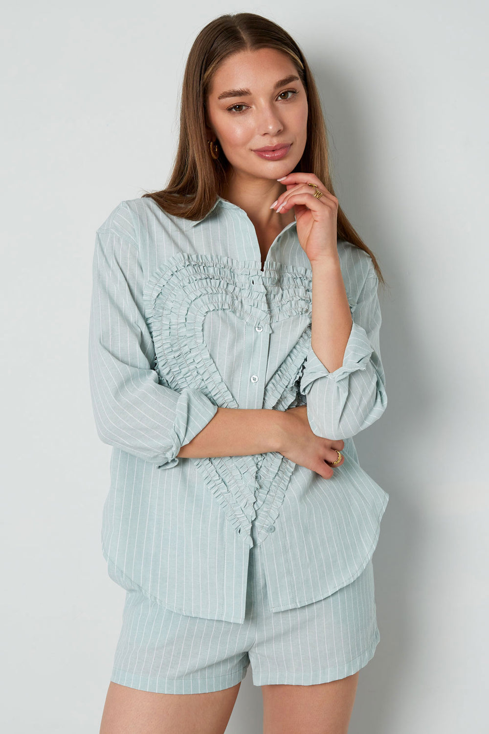 Cotton Woven Vrouwen Overhemd Casual Stripes Hart Ruffle Detail