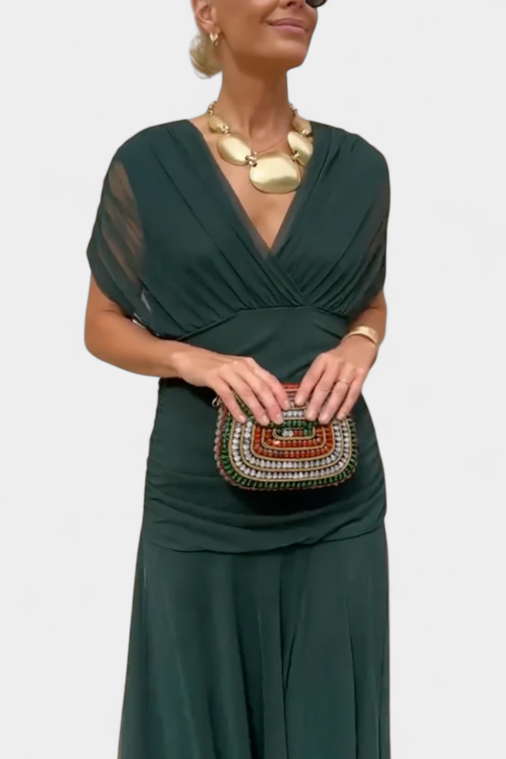 NAÍMA™ | Lange Elegante Jurk met V-Hals en Vloeiende Silhouet