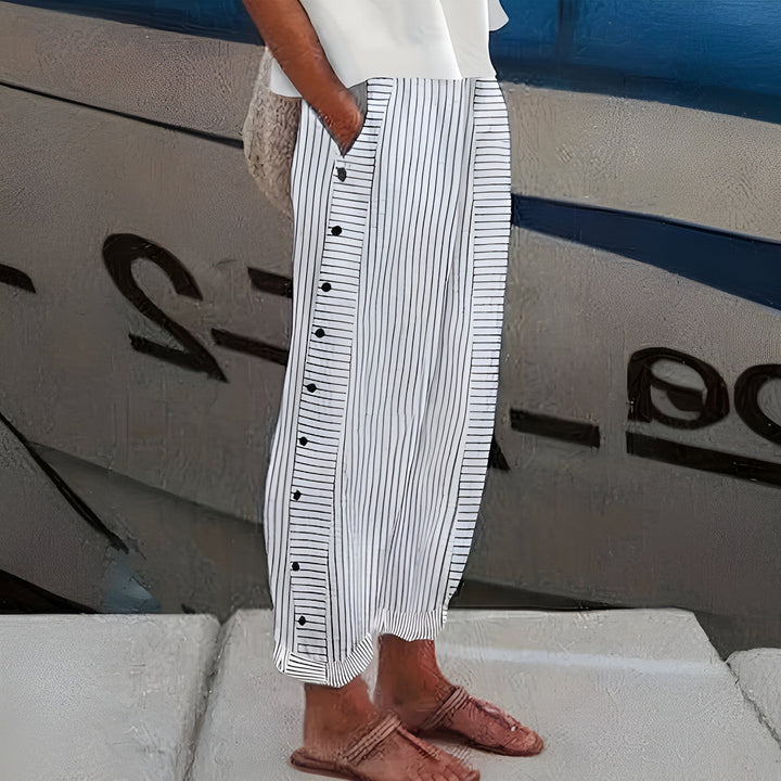 VIRELLA | Lichte Zomerbroek met Dunne Strepen en Zijknopen voor Casual Chic Stijl
