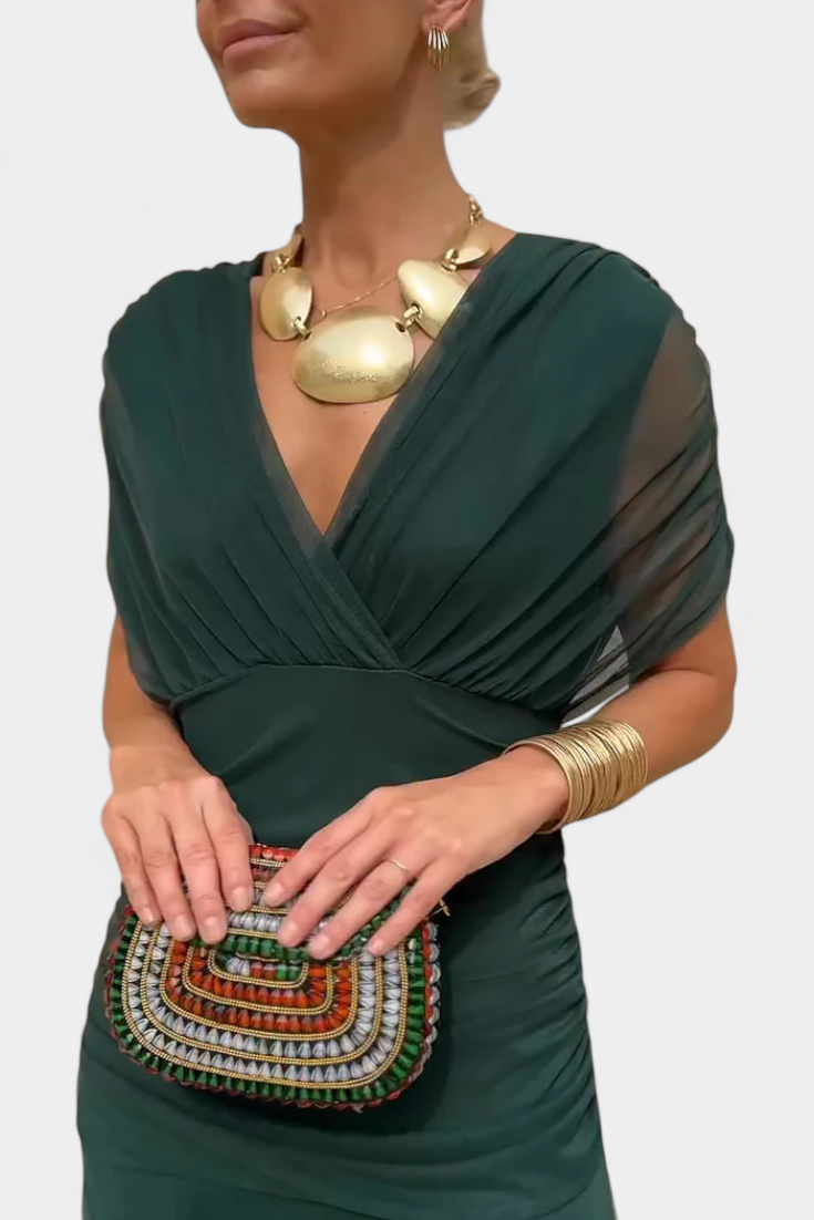 NAÍMA™ | Lange Elegante Jurk met V-Hals en Vloeiende Silhouet