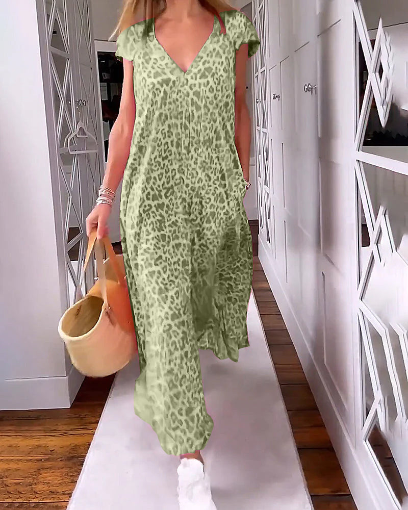 MIA | Lange Geprinte Jurk met V-hals en Korte Mouwen voor een Boho Zomerse Look