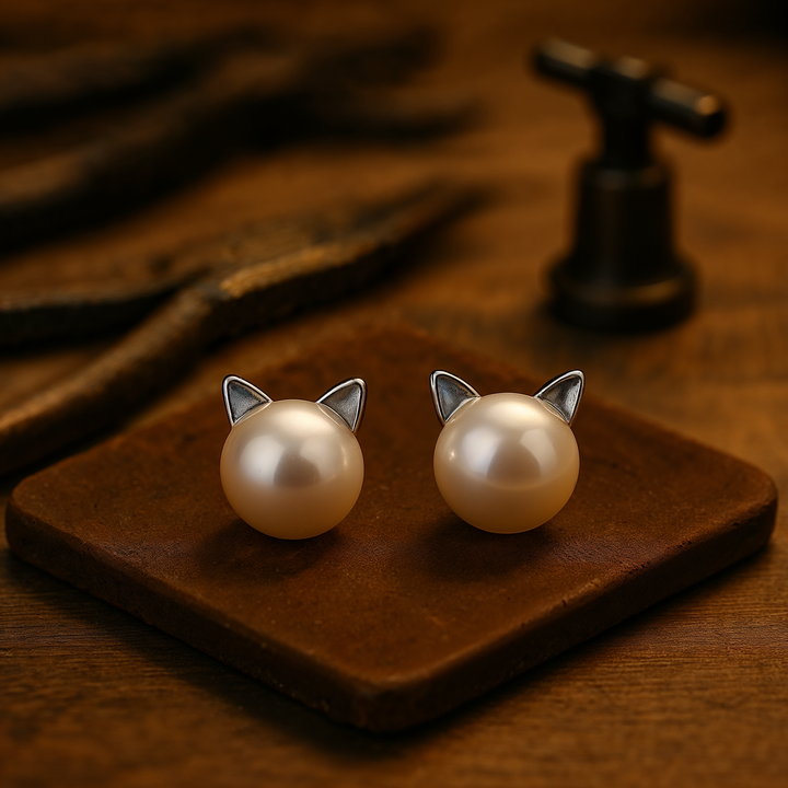 Oorbellen met knoop in sterling zilver met katvormige parel