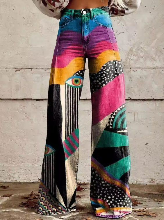 TIWYA | Boho Flared Broek met Hoge Taille en Artistieke Festivallook
